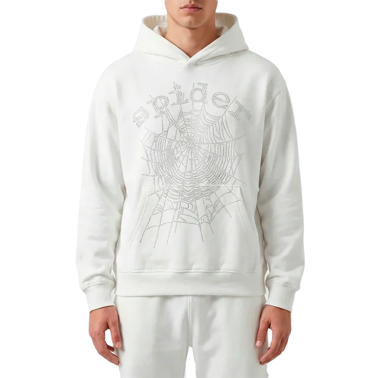 Sp5der OG Rhinestone Logo Hoodie White
