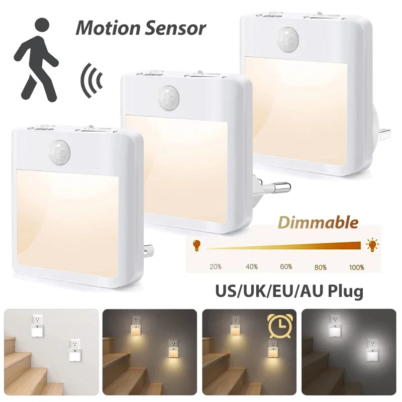 Motion Sensor Night Lights with US EU UK AU Plug Dimmable LED Warm White Ambient Light for Bedroom Living Room Toilet Stairs